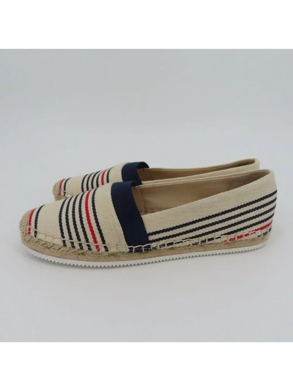 Lands End Women 7.5B Espadrille Flats Slip On Shoes Beige Red Blue Stripe Canvas